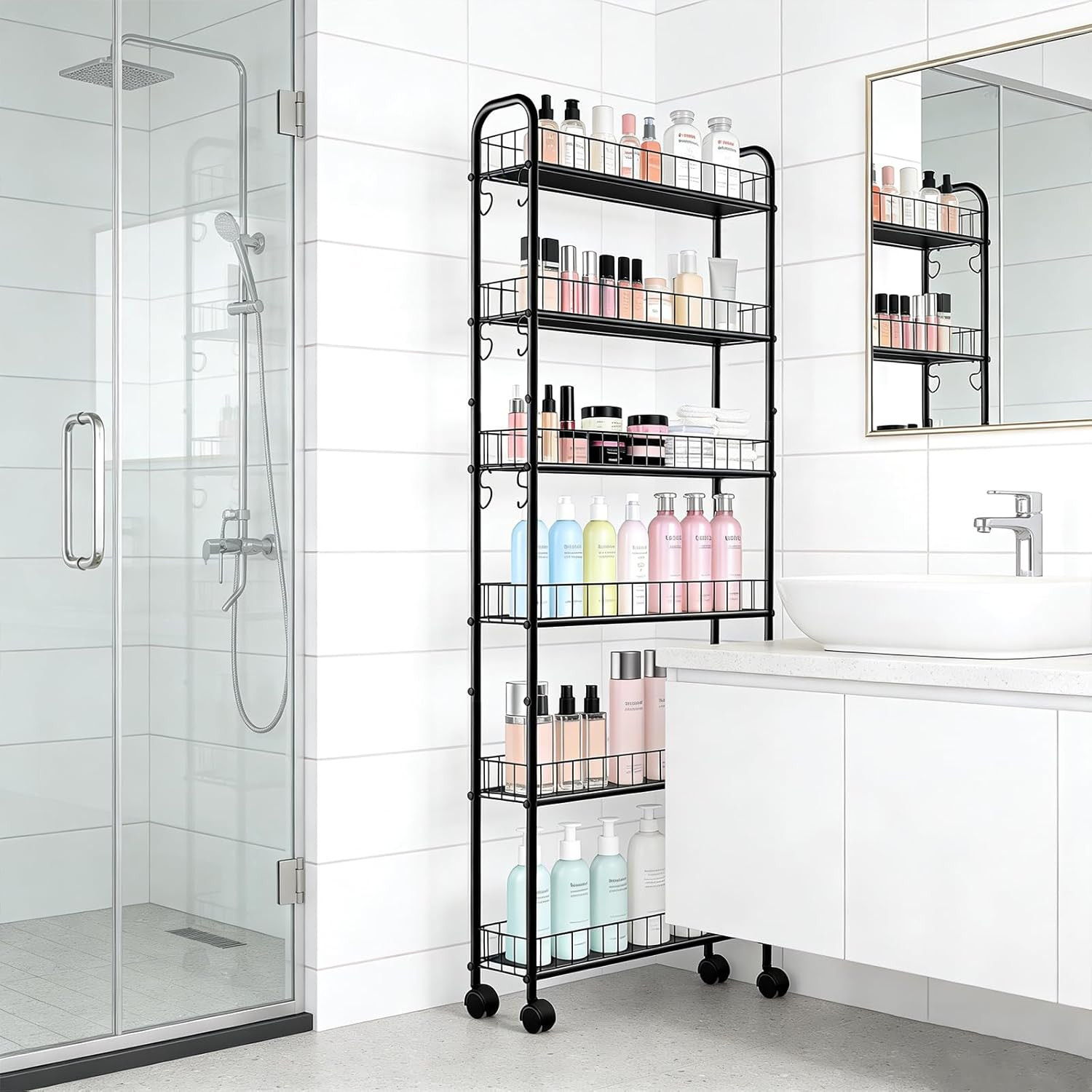 Slim Storage Cart with Wheels, 6-Tier 6In Black Narrow Rolling Shelf,Sturdy Slim