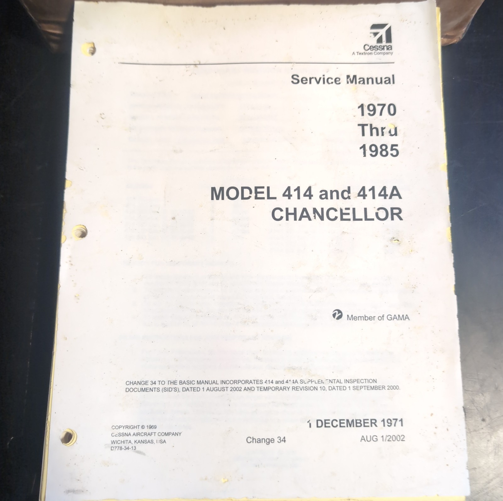 Cessna Service Manual 414 414A Chancellor 1970 - 1985 Change 34 Loose RARE