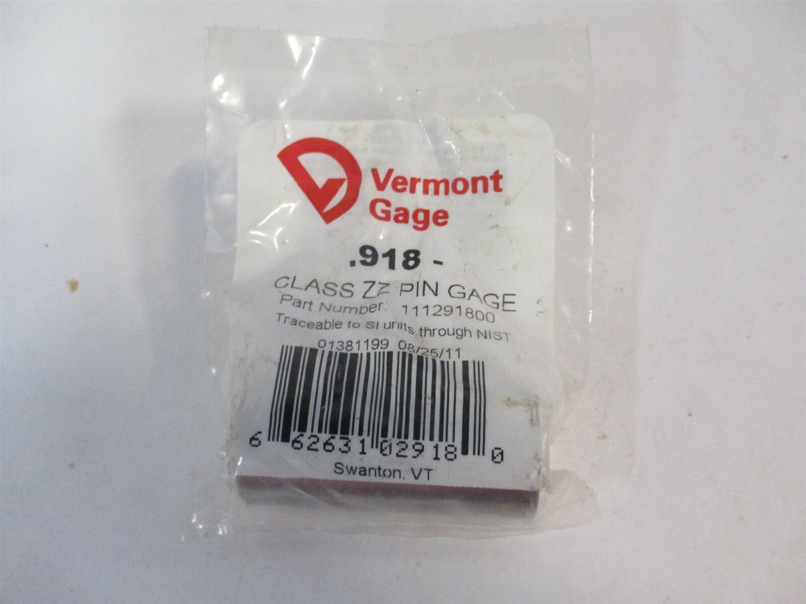 Vermont Gage (111291800) 0.918" Diam Class ZZ Minus Plug & Pin Gage