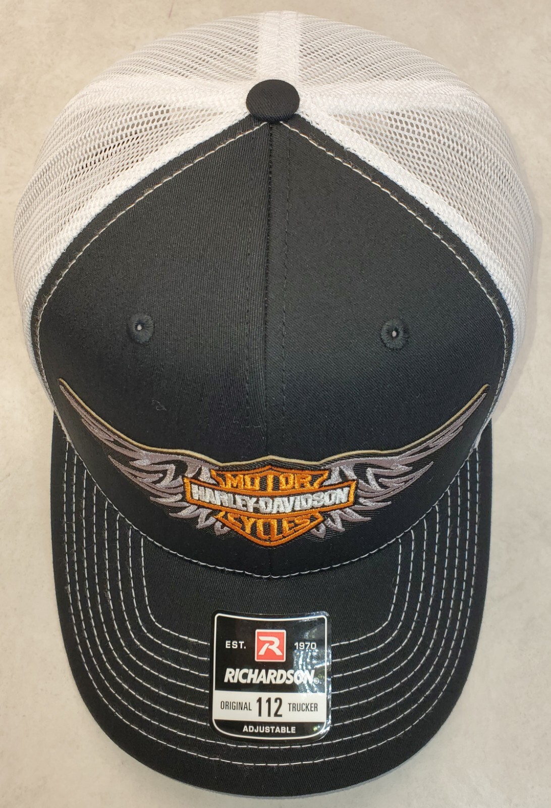 HD Wing Patch on Richardson 112 Trucker Hat Snapback Black/White