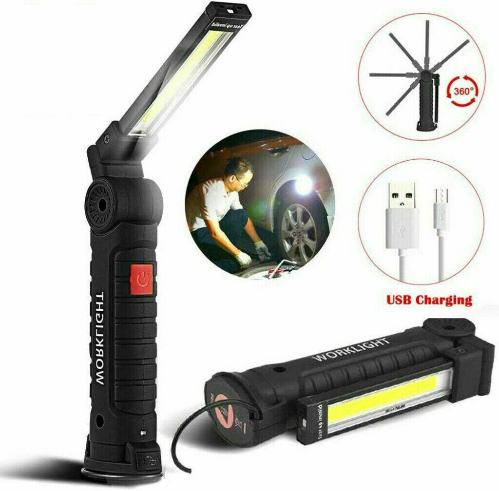 2Sets USB Rechargeable COB LED Work Light Lamp Inspect Folding Torch Flashlight