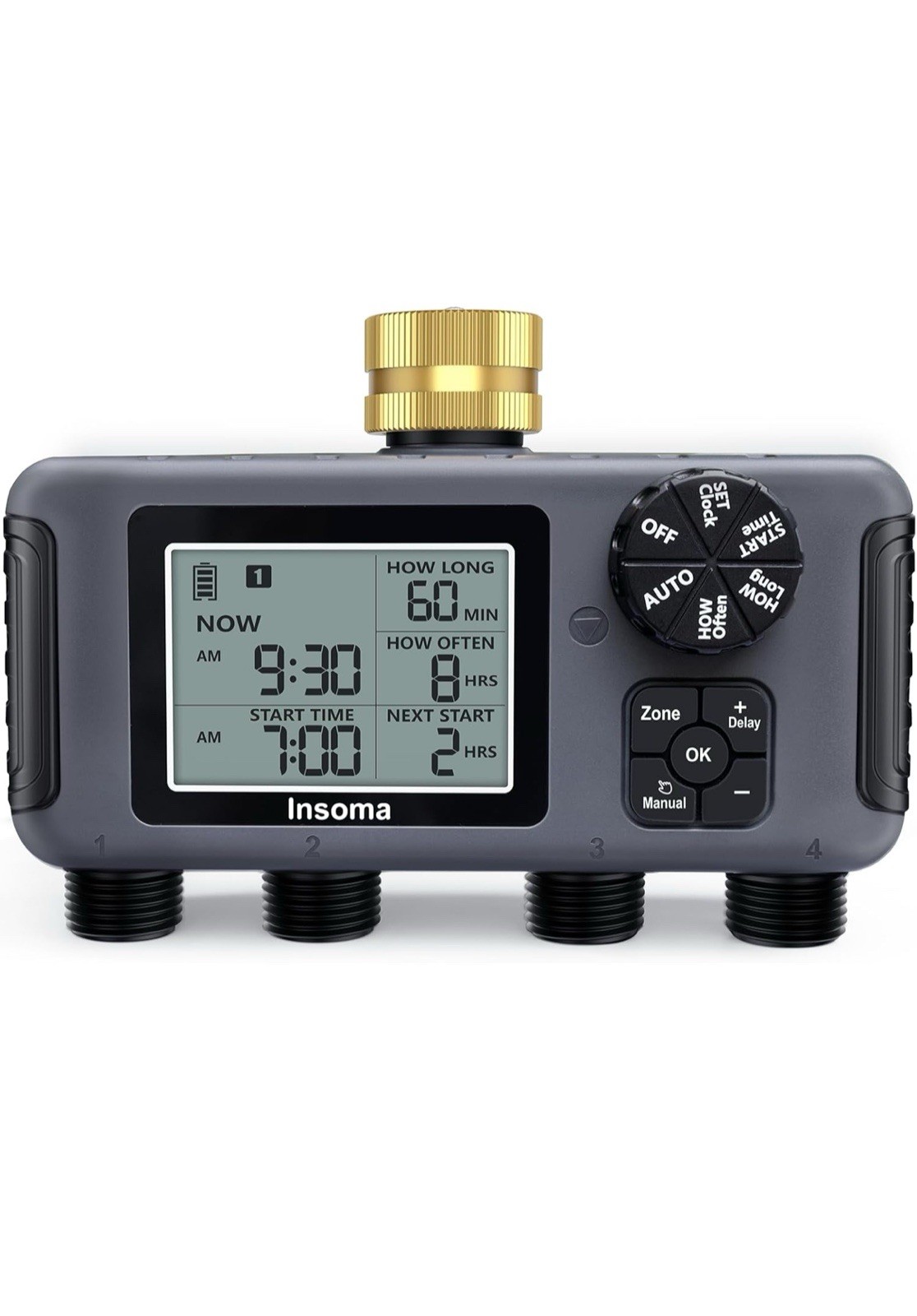 Insoma Water Timer with Brass Inlet, 4 Independent Zones Outdoor Hose Timer for