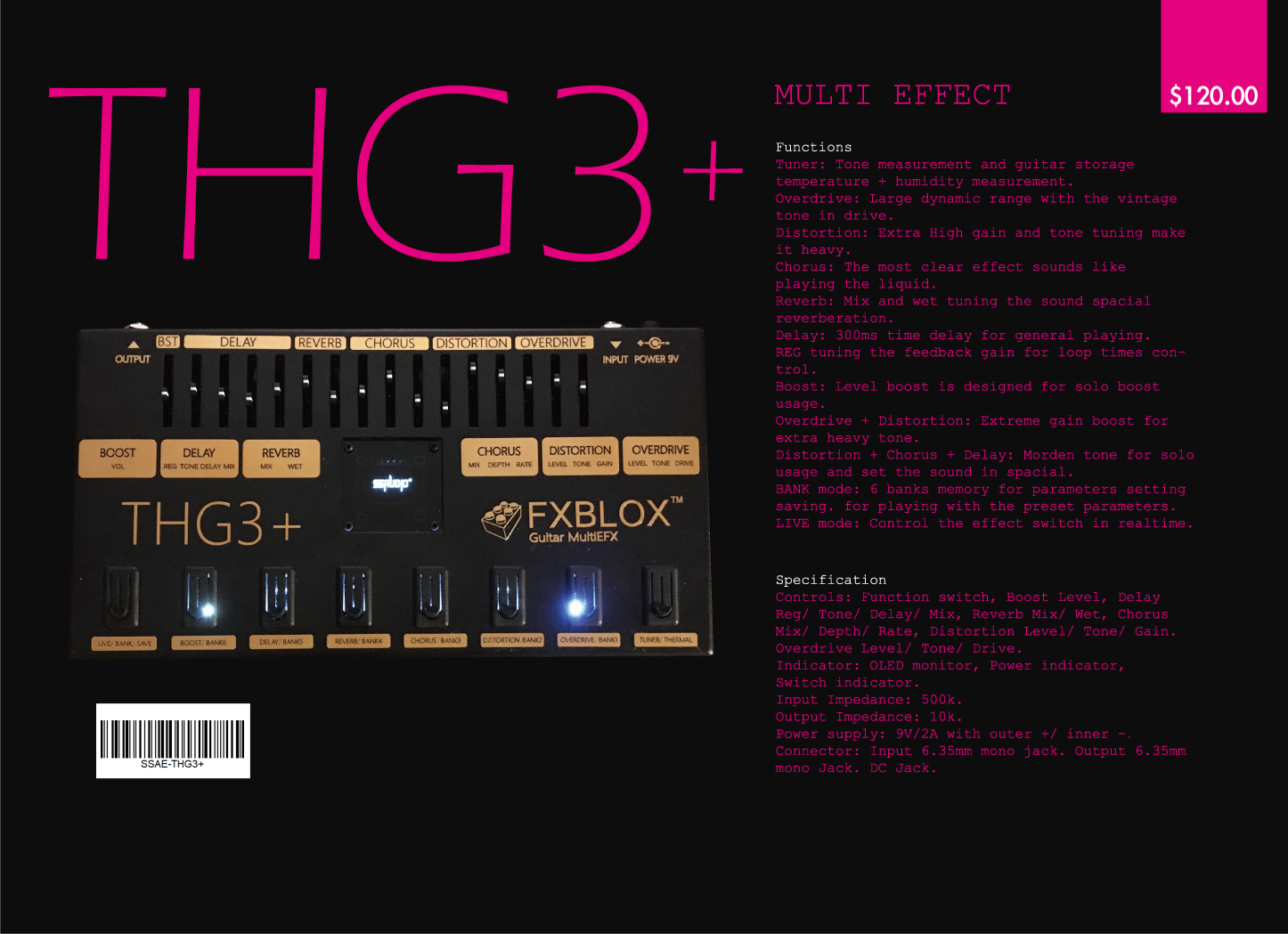 THG3+MultiEFX Guitar Multi Effect Overdrive Distortion Chorus Reverb Delay Boost