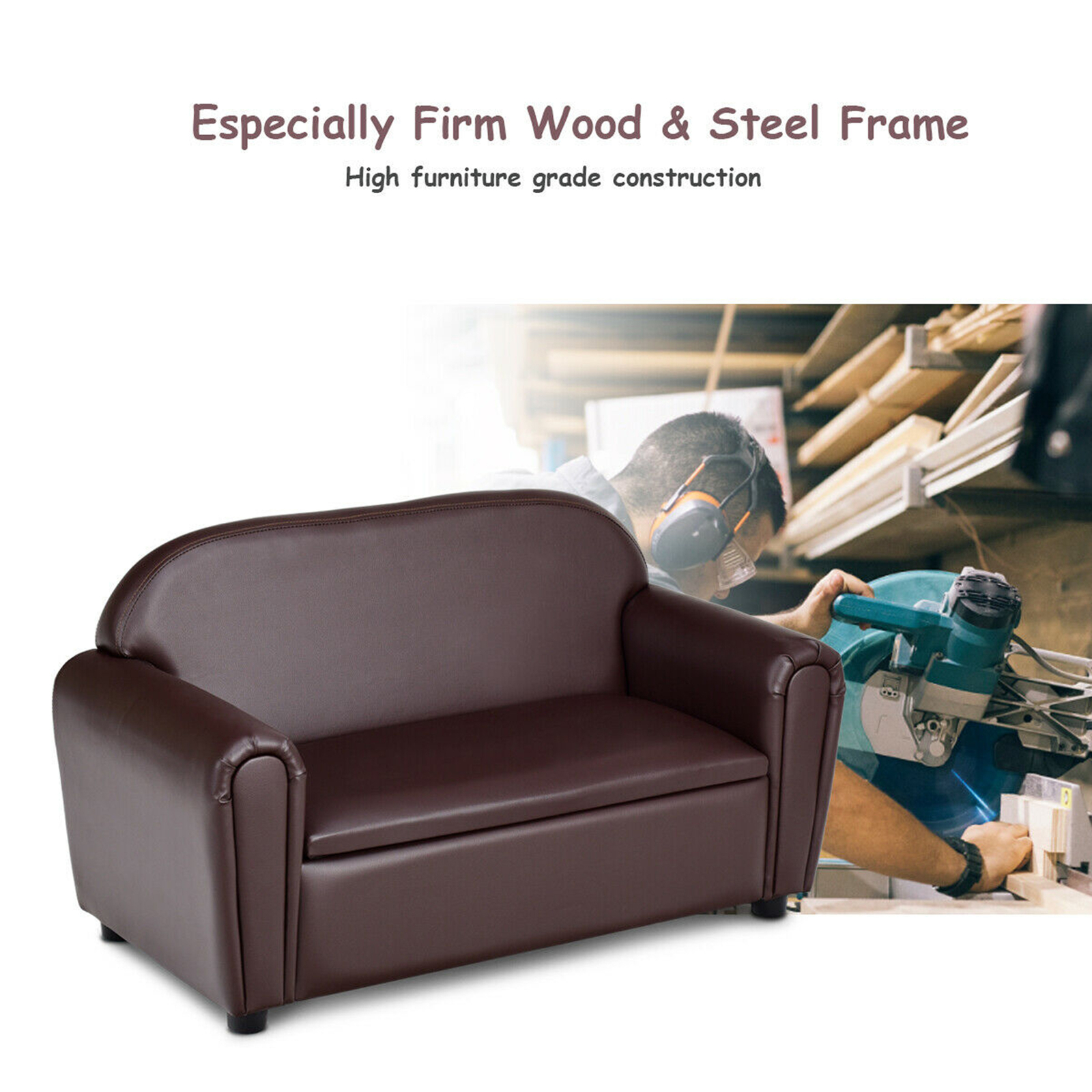 Kids Sofa Armrest Chair Lounge Couch Wood Construction Storage Box Living Room