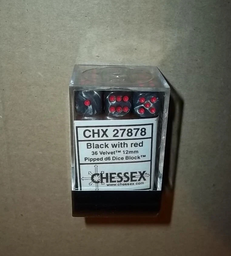 Chessex CHX 27878 36 Black With Red Velvet 12mm d6 Dice Block