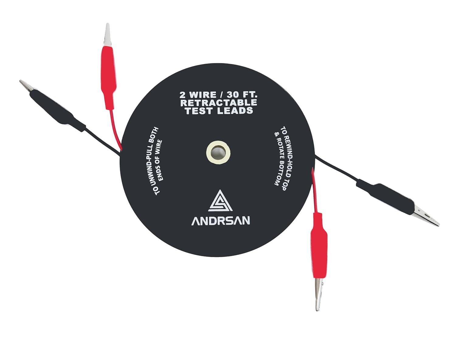 2 Wire 30’ Retractable Test Leads with 2” Alligator Clips, 18 Gauge Electrical C
