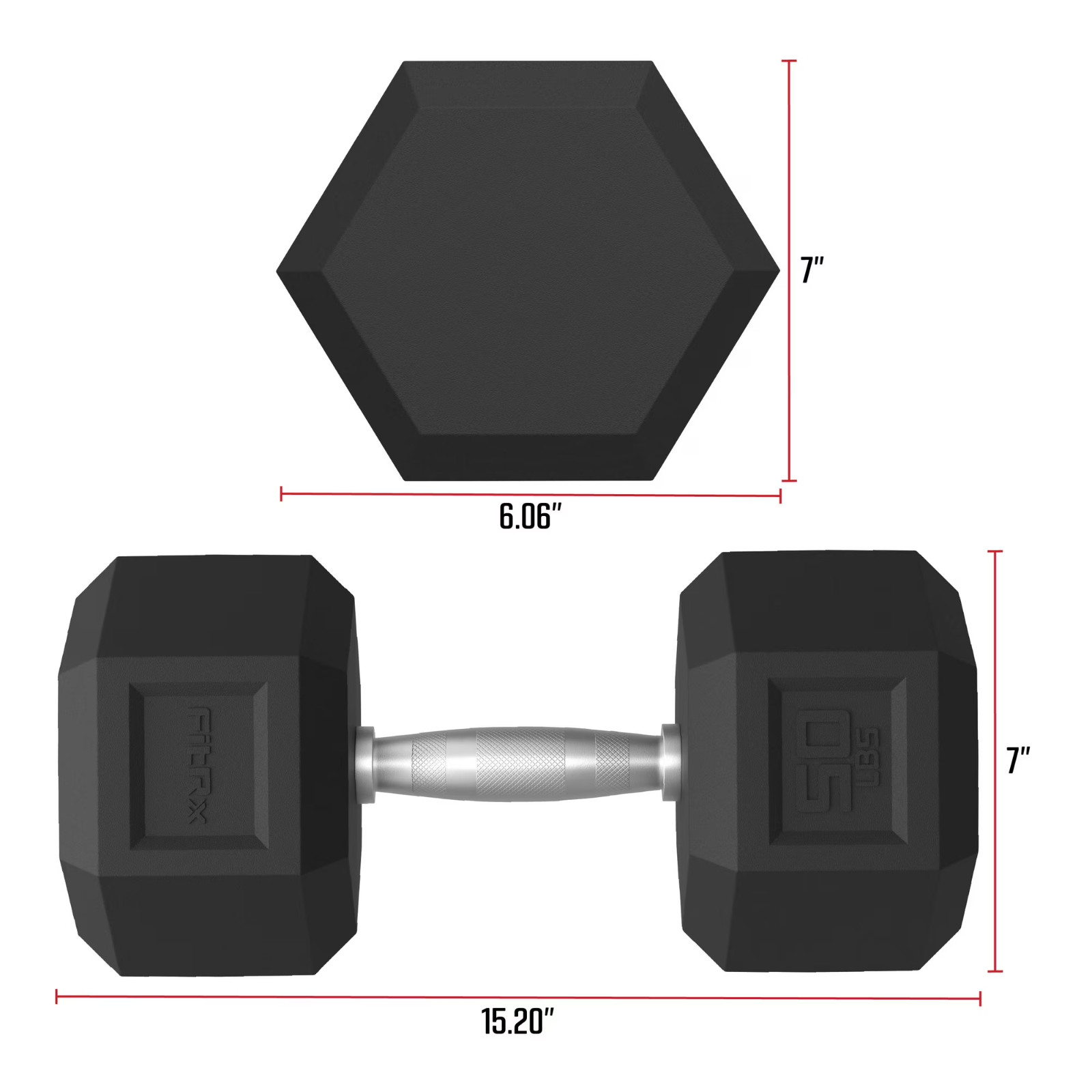 FitRx 50lb Rubber Hex Dumbbell Solid Steel Handle Durable Rubber Coating Single