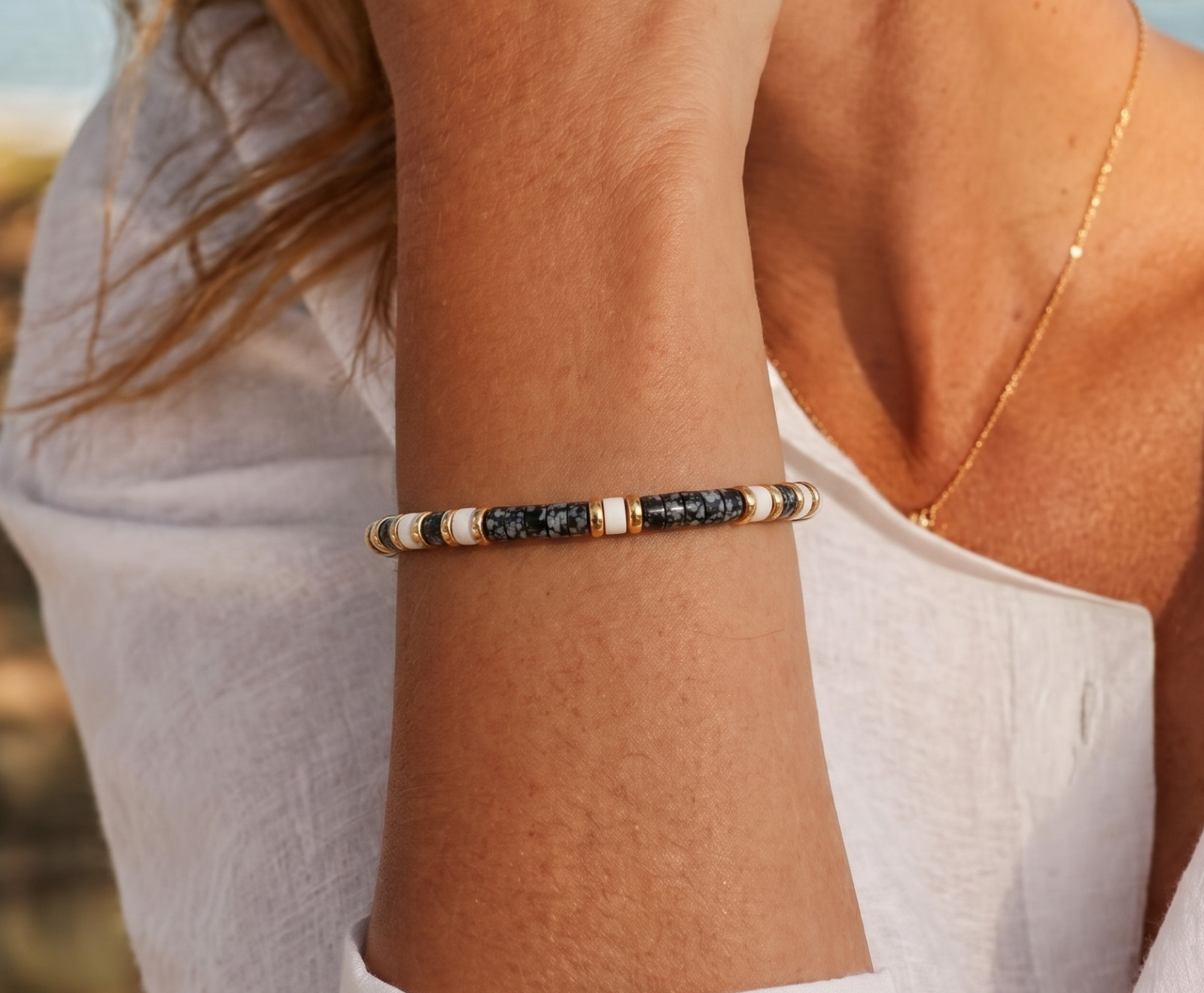 4mm Obsidian White Buffalo Bracelet | Solid 14K Gold | Unisex