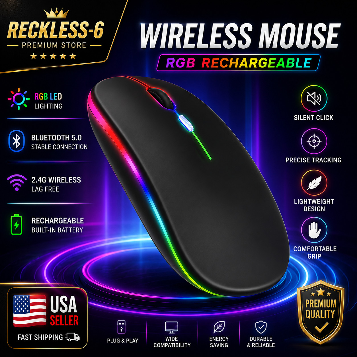 RGB Bluetooth Wireless Mouse Rechargeable Ergonomic USB For PC Laptop iPad