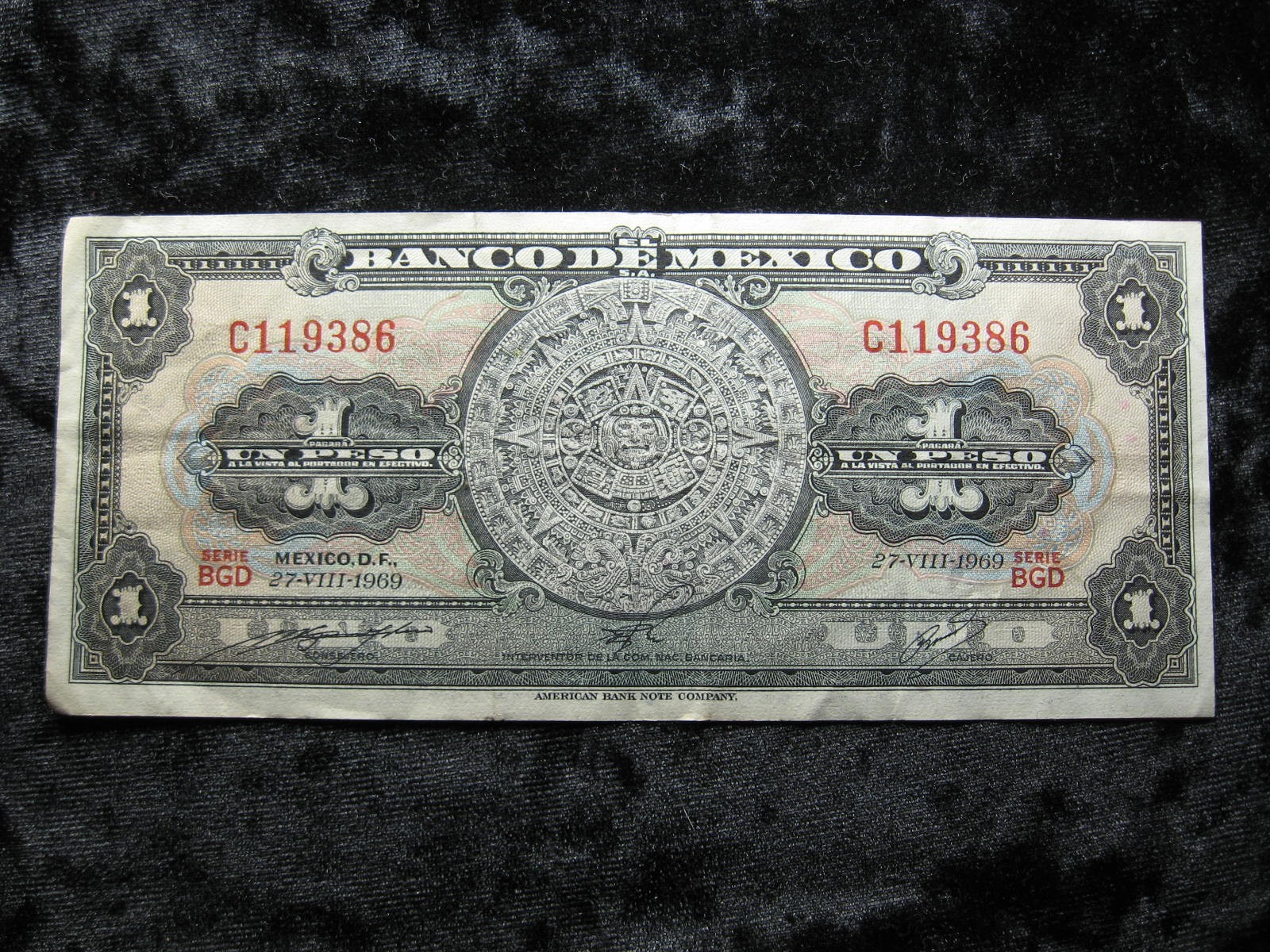 old world currency note MEXICO 1 peso 1969 P59 Aztec Calendar #86
