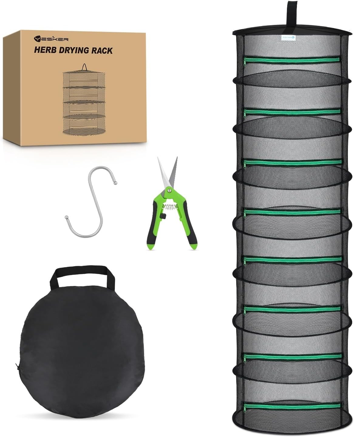 8 Layer Herb Drying Rack Hanging Mesh Net Foldable Plant Racks 24" w Green