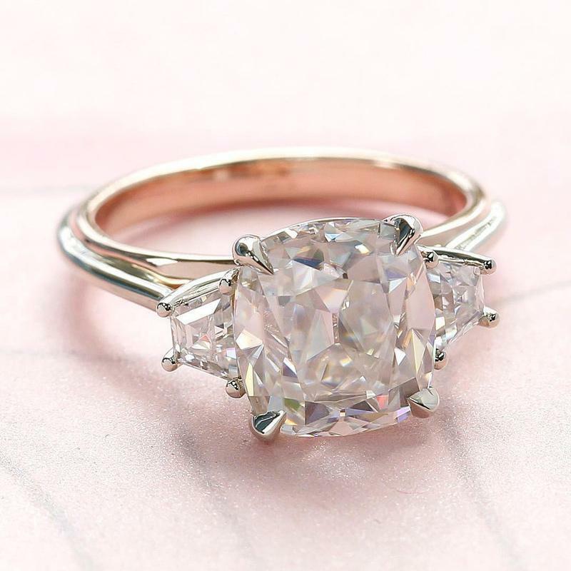 Cushion Cut Simulated Diamond Trilogy Ring White Gold Plated Trapezoid Accent