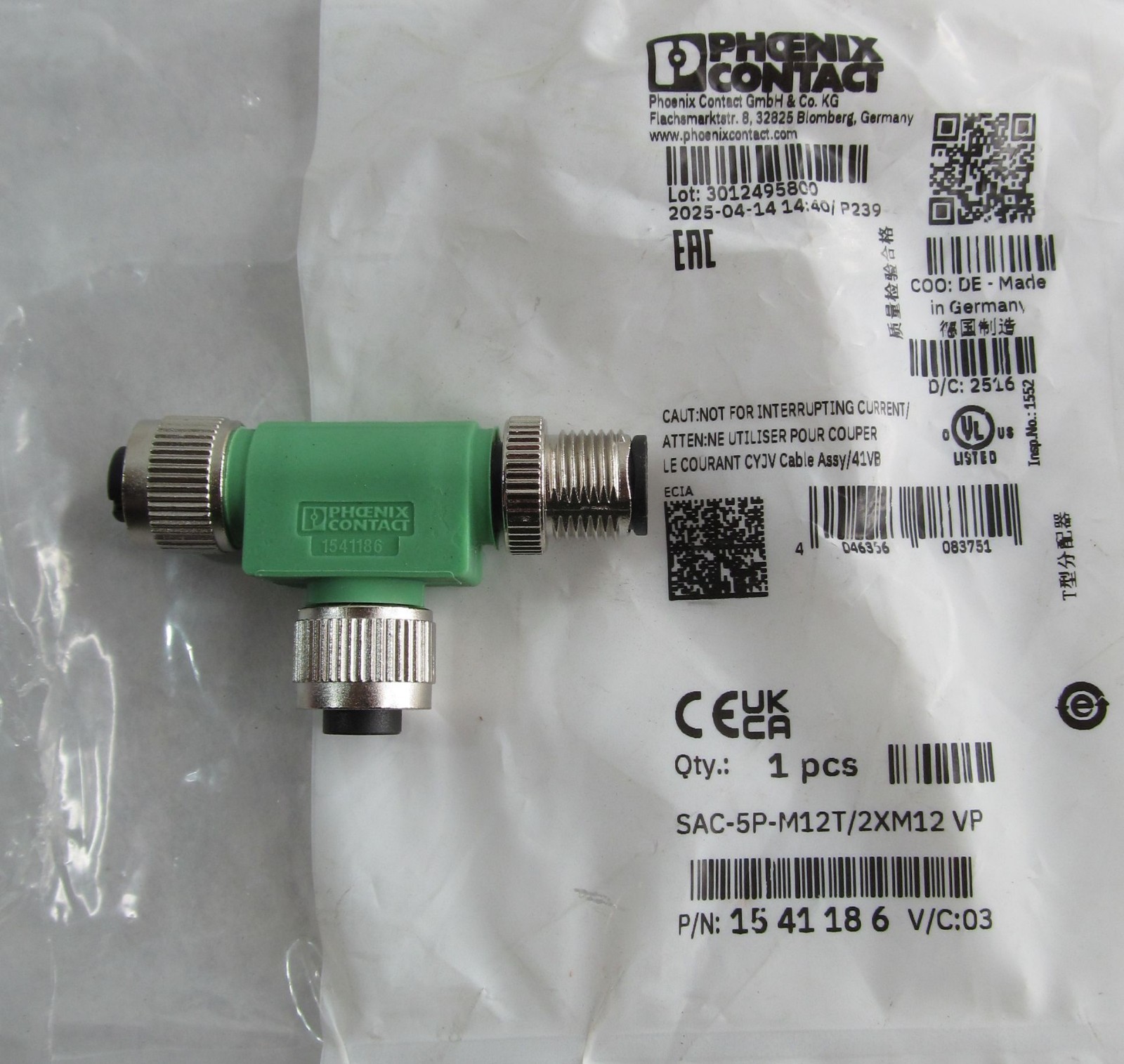 NEW PHOENIX CONTACT SAC-5P-M12T/2XM12 VP 1541186 T-DISTRIBUTOR 5-PIN M12 PLUG