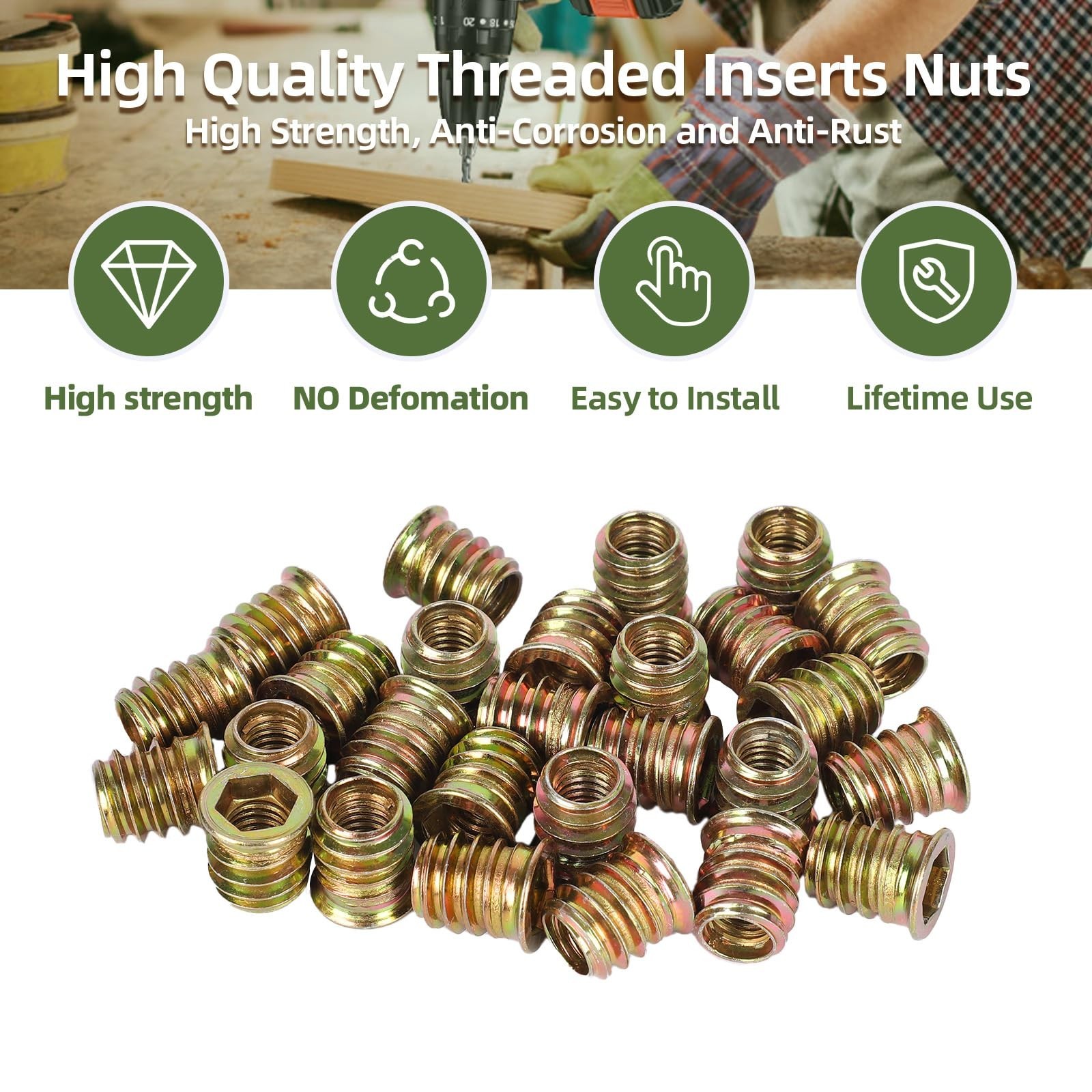50 PCS M6-1.0 x 10mm Threaded Inserts for Wood Professional Threaded Insert N...