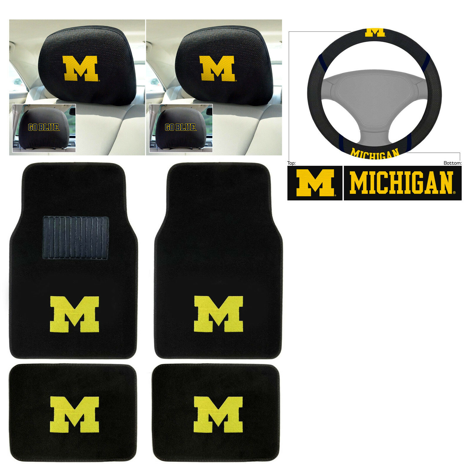7pc NCAA Michigan Wolverines Floor Mats Steering Wheel Cover Headrest Cover