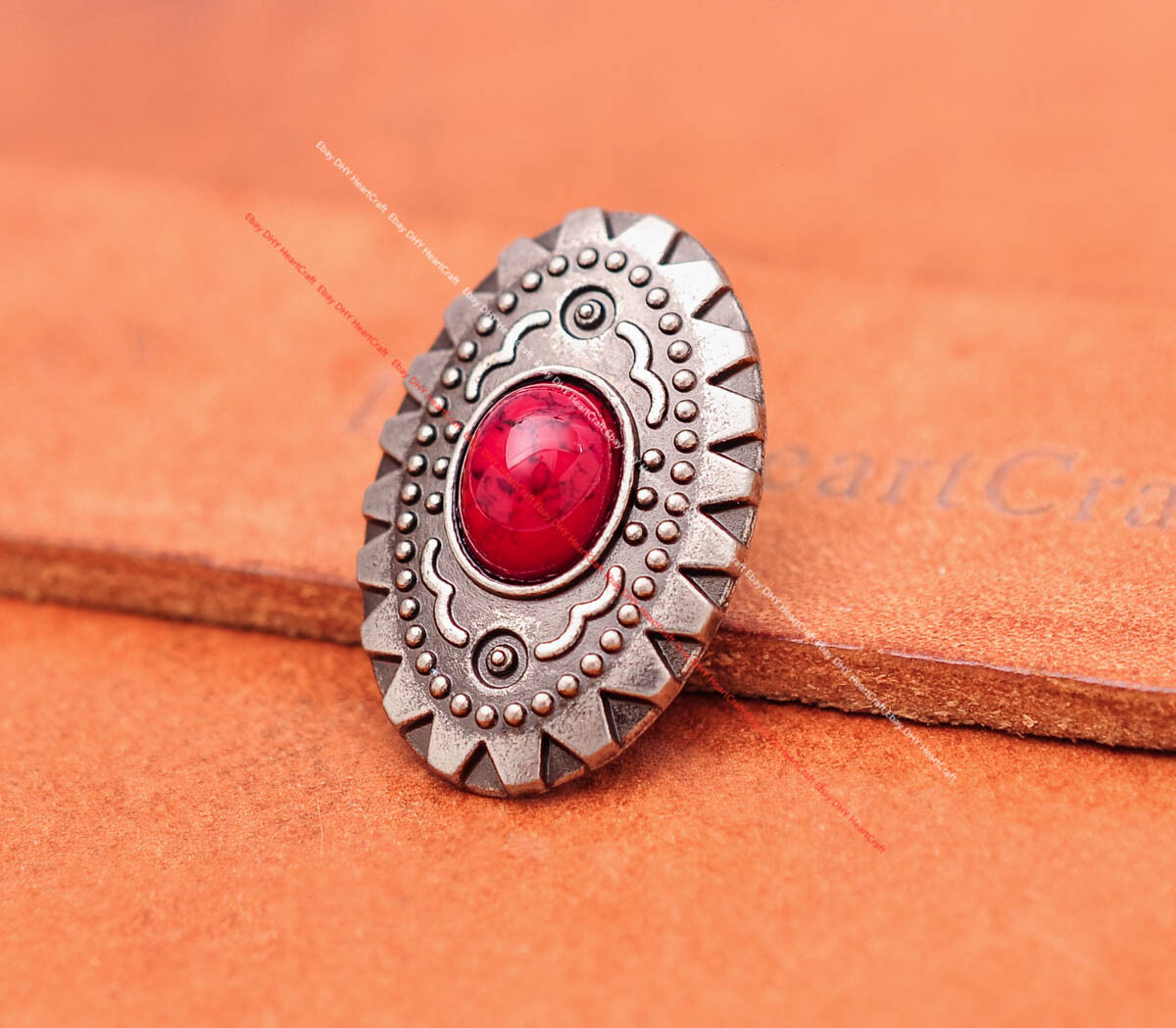 10X Antique Silver Flower Leathercraft Belt Red Bead Oval Concho Screwback