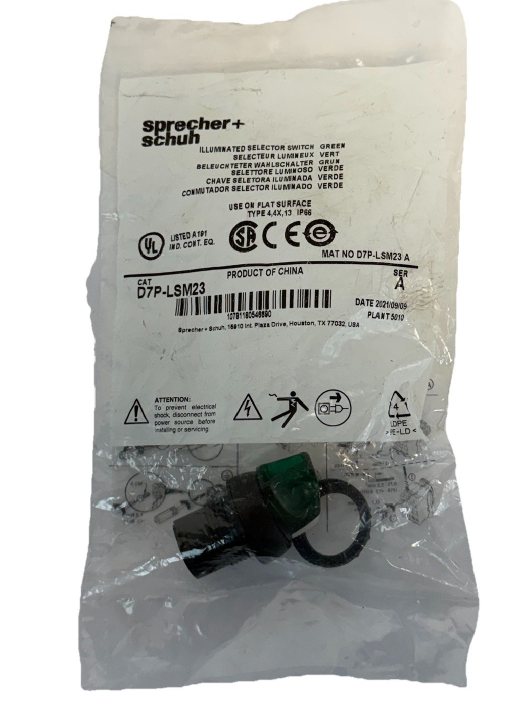 NEW SPRECHER+SCHUH D7P-LSM23 SER. A SELECTOR SWITCH GREEN D7PLSM23