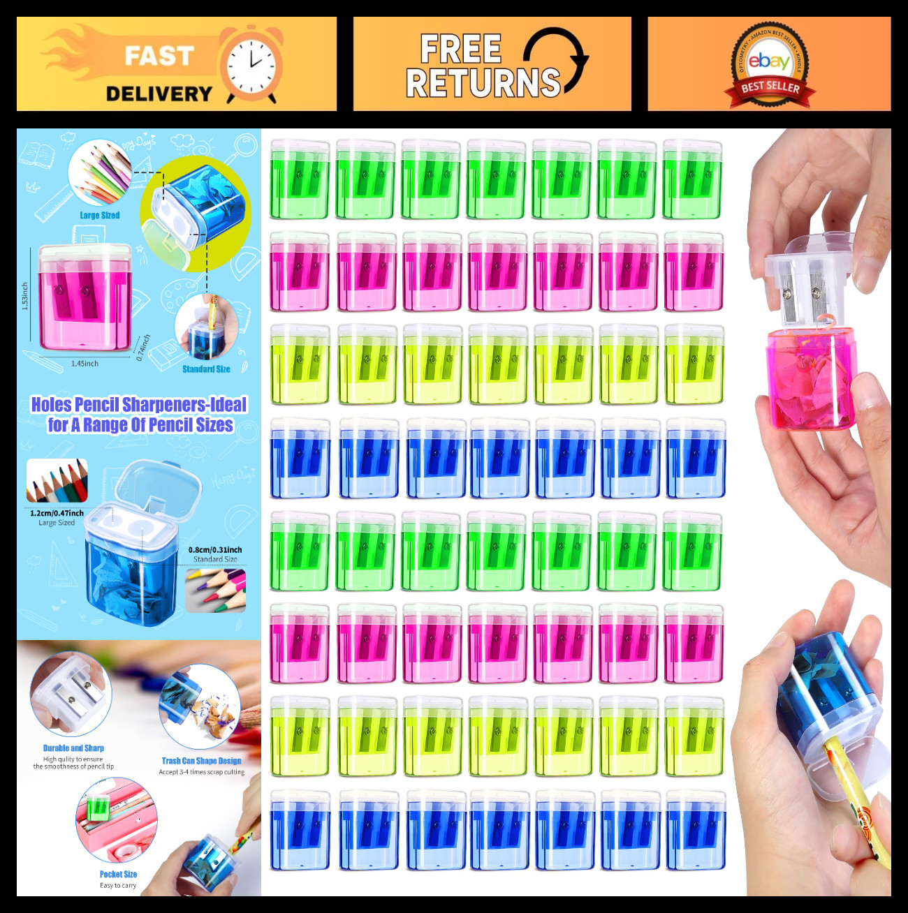 60 Pack Double Hole Pencil Sharpeners - Handheld, Lid, Bulk for Kids & Classroom