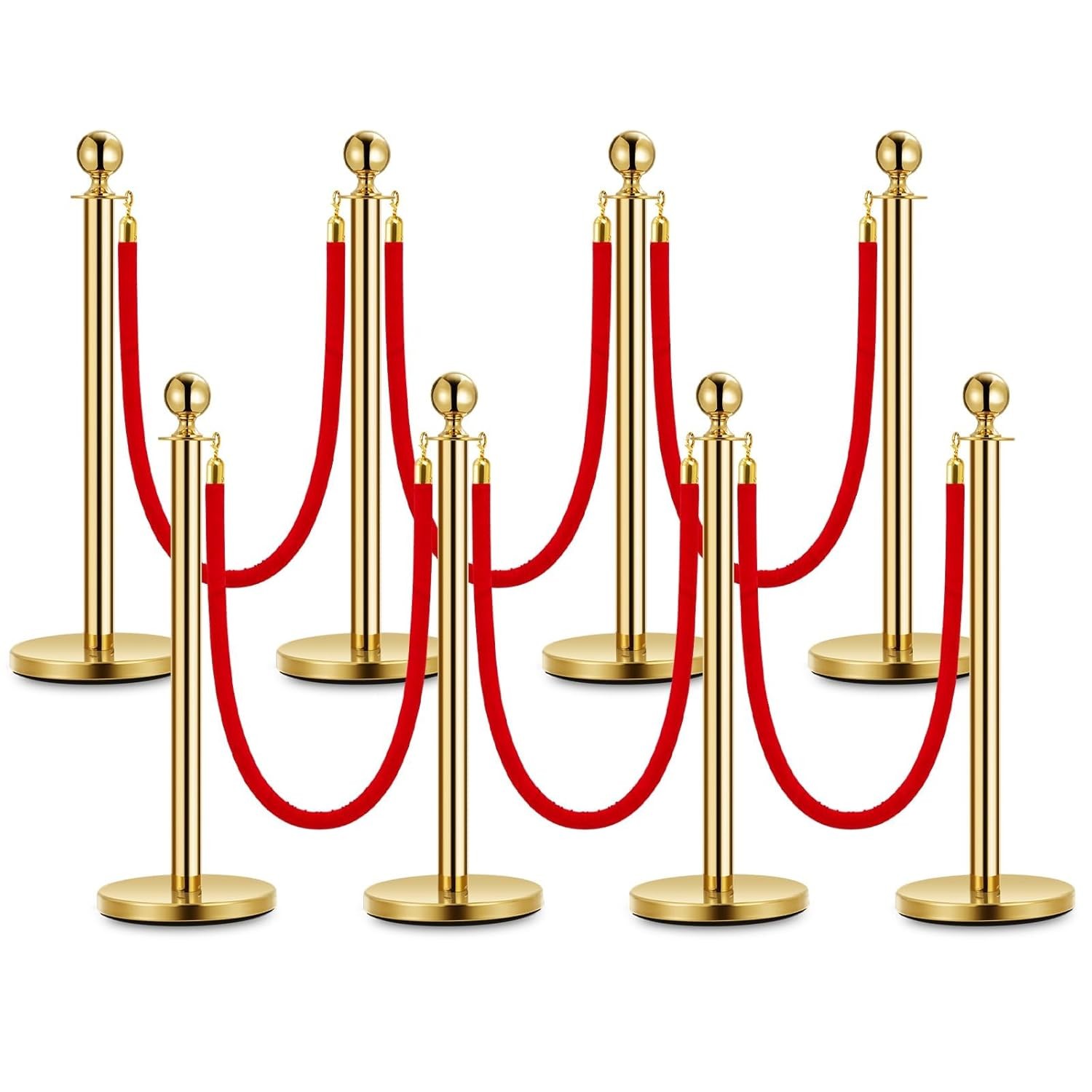 8 Gold Stanchions Queue Post with 6 Red Velvet Ropes For Event & Crowd Control