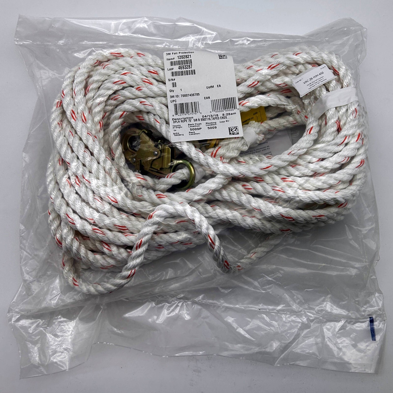 3M DBI-SALA Fall Protection 1202821 Rope Lifeline w Snap Hook 75' 5/8" Taped End
