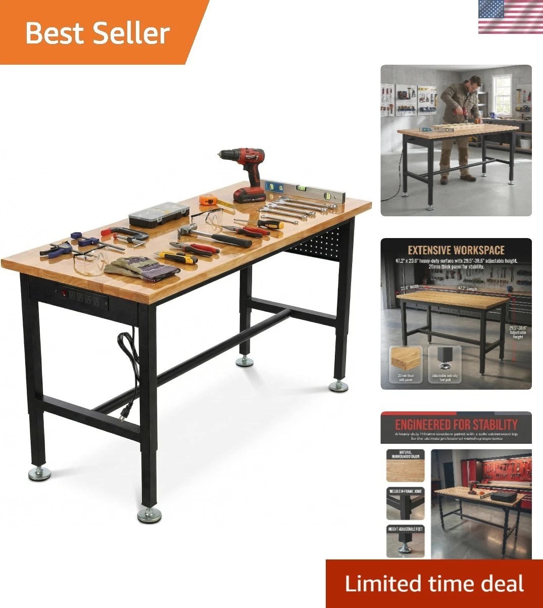 48-Inch Adjustable Workbench - Heavy-Duty Steel Frame & Pegboard for Garage