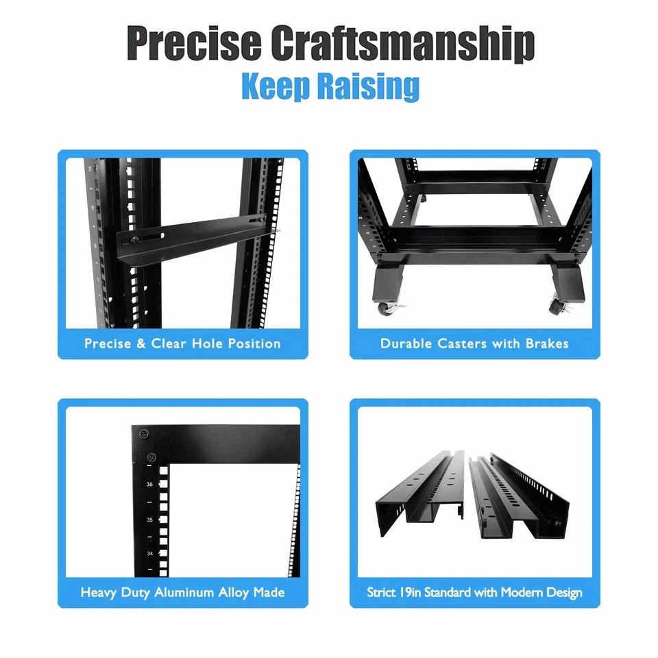15U 4 Post Open Frame 19" Server Steel Rack 24" Deep With Supporting rails