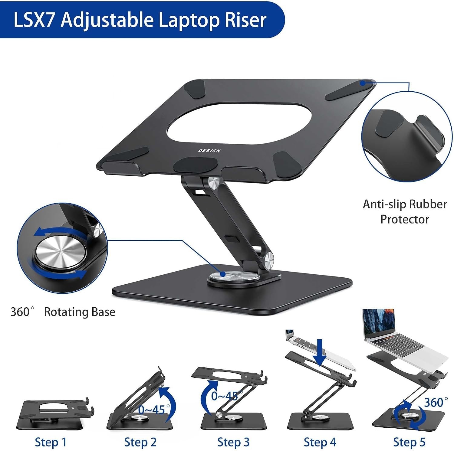 Laptop Stand with 360 Rotating Base, Ergonomic Adjustable Notebook Riser, Fol...