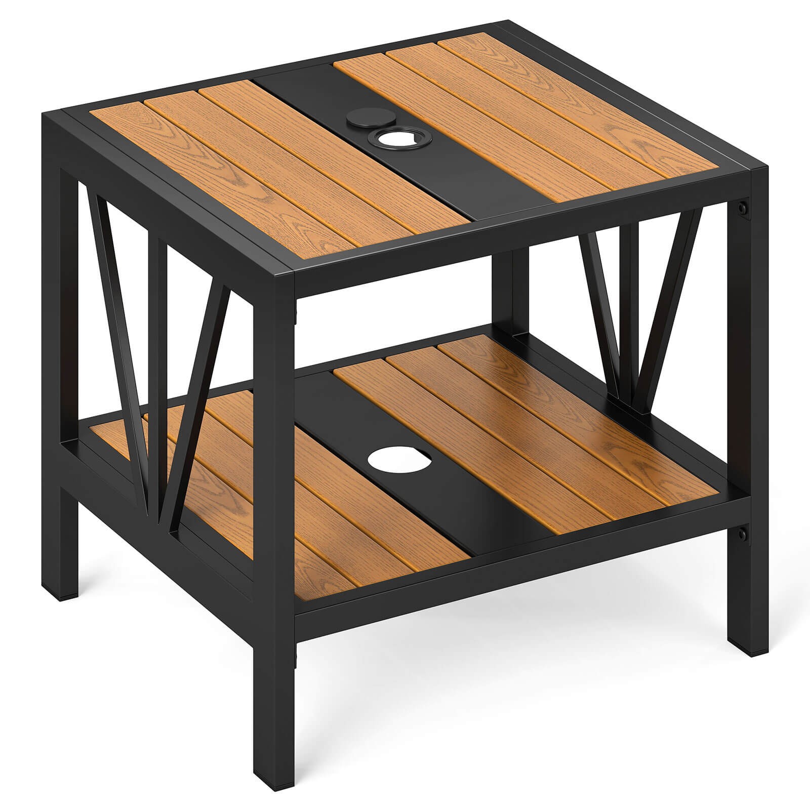 Outdoor Side Table 2-Tier Coffee End Table w/ 1.57” Umbrella Hole Storage Shel