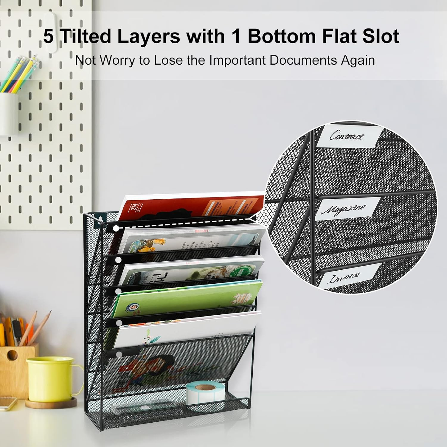 5 Tier Wall File Holder, Mesh Hanging Folder Organizer with Classify Label, Vers