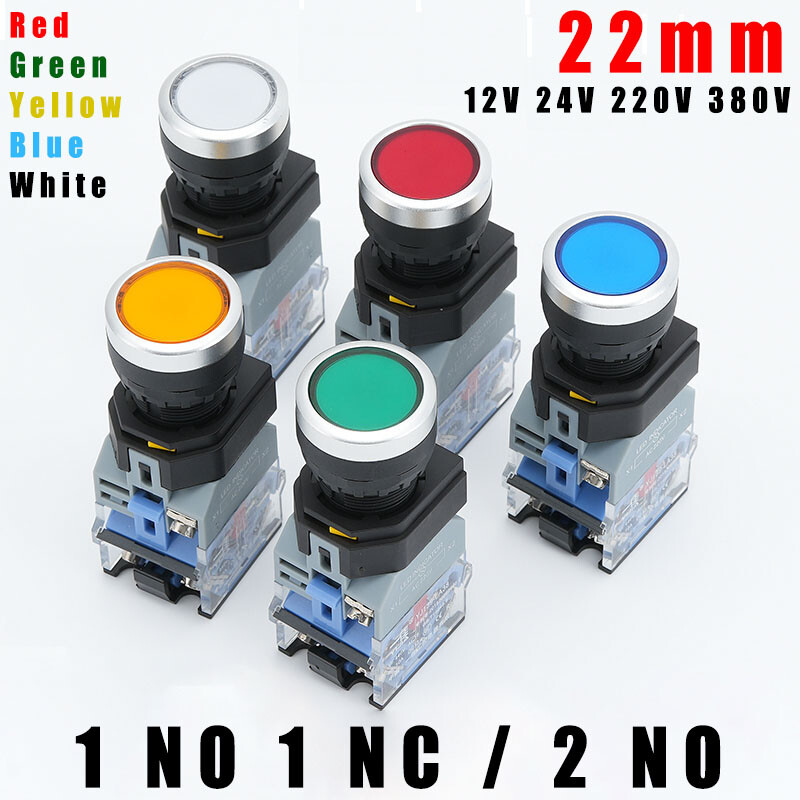 22mm Push Button Switch With LED Illuminated Latching / Momentary 12 24 220 380V