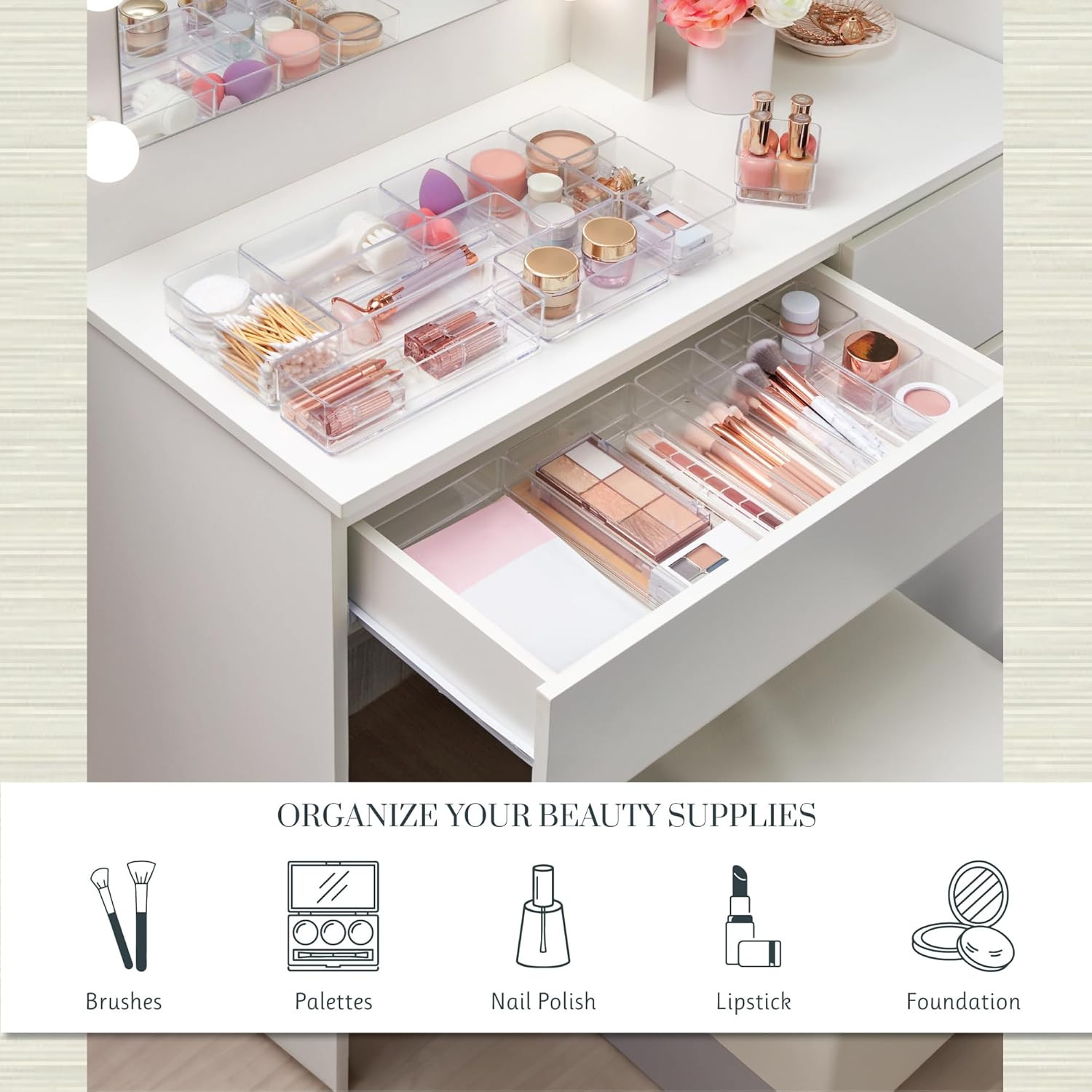 18 Piece Clear Drawer Organizer Set Stackable Plastic Storage Trays Kitchen Bath