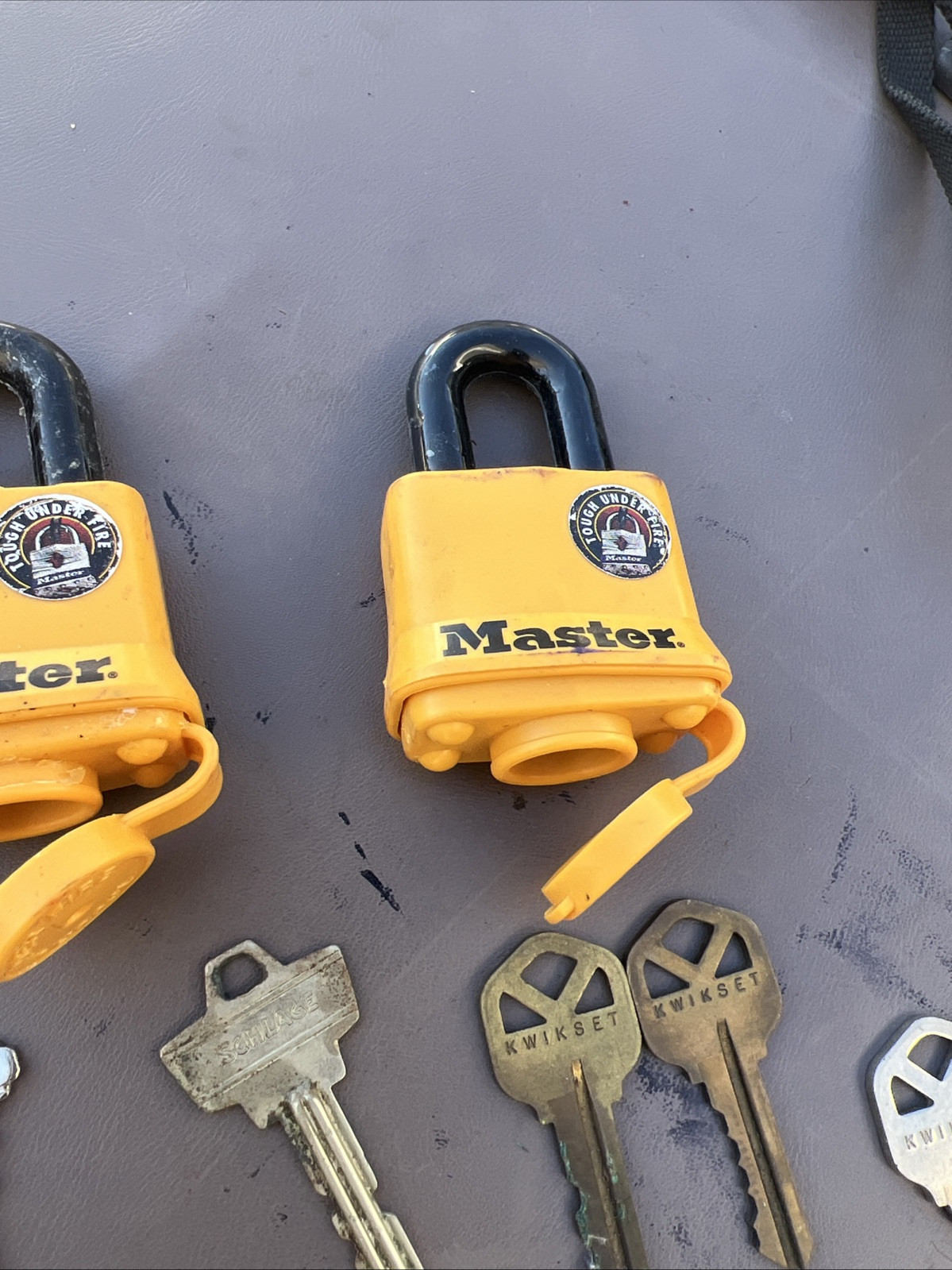 2 Master Lock Tough Under Fire Padlocks Yellow - No Keys - Plus Key Lot -Medeco