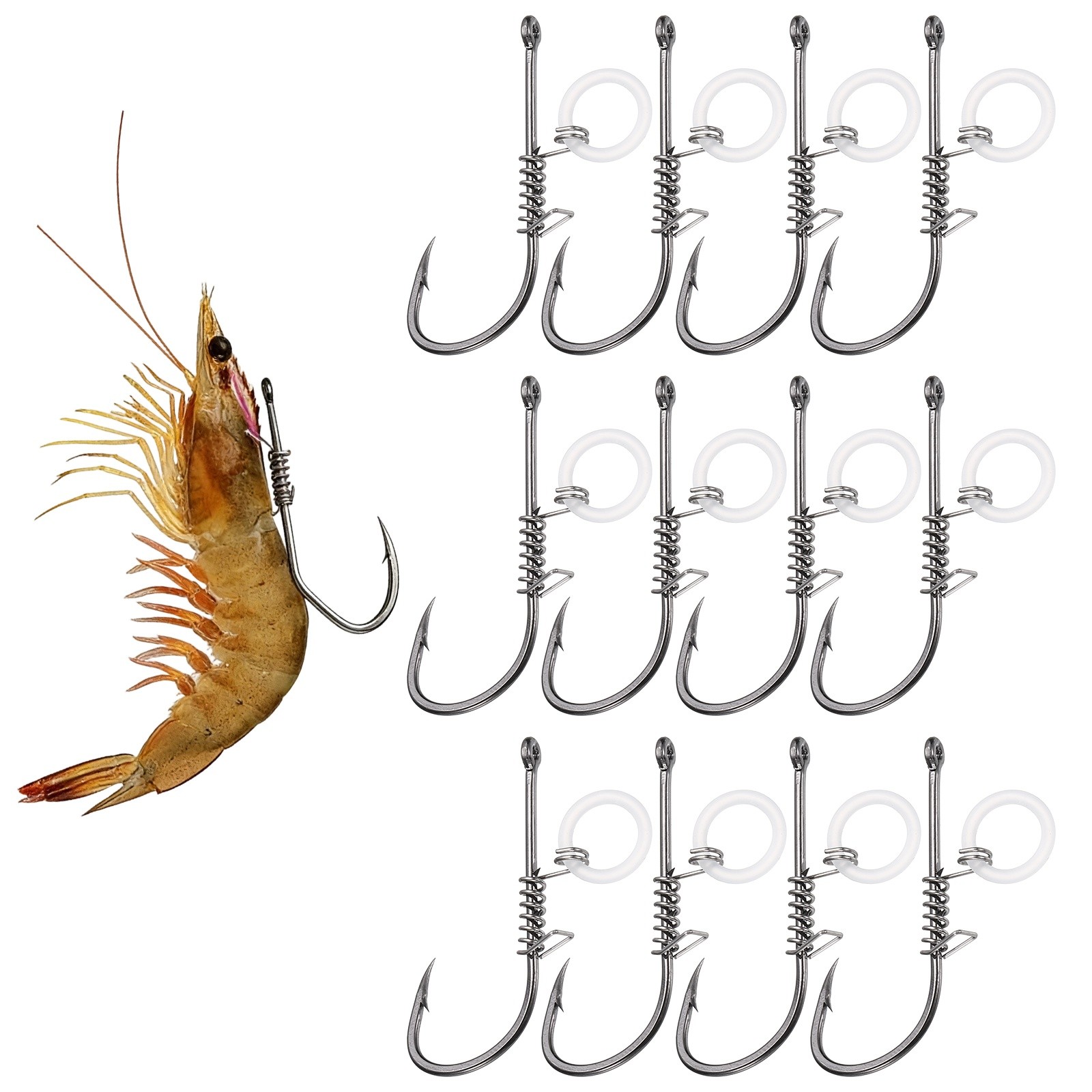 12Pcs 1/0# Shrimp Hooks, High Carbon Steel Fishing Hook, Silver