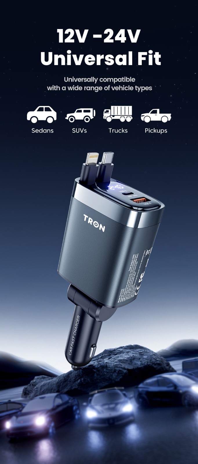 TRON 105W 4-in-1 Retractable Car Charger with LCD Display for iPhone & Android