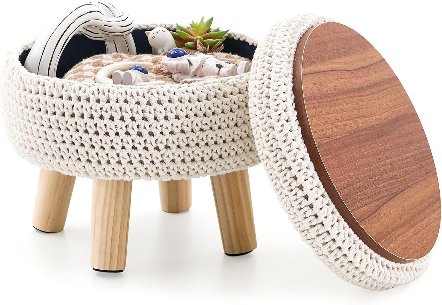 Round Storage Ottoman Foot Rest Cotton Braided Foot Stool Pouf Ottoman W/ Solid