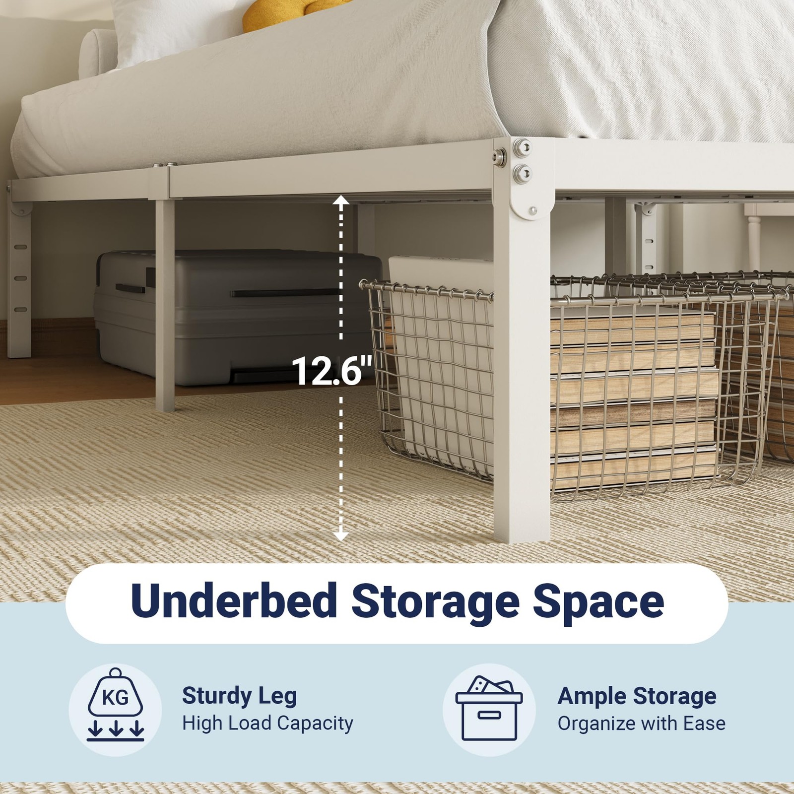 Twin Bed Frame 14~Inch Metal Platform with Storage, No Box Spring, White