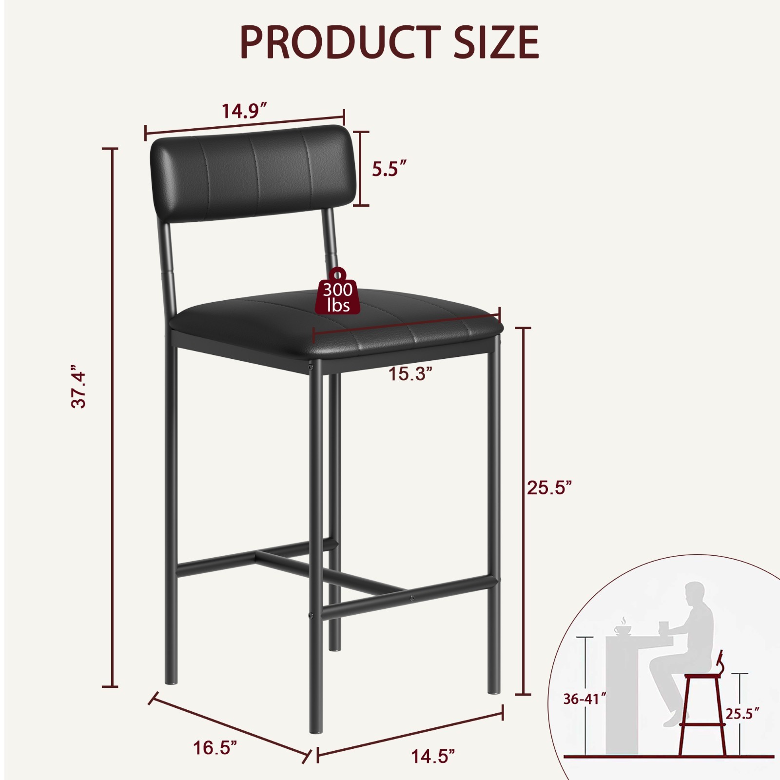 Set of 2 Black Upholstered Bar Stools, Counter Height with Backrest & Footrest
