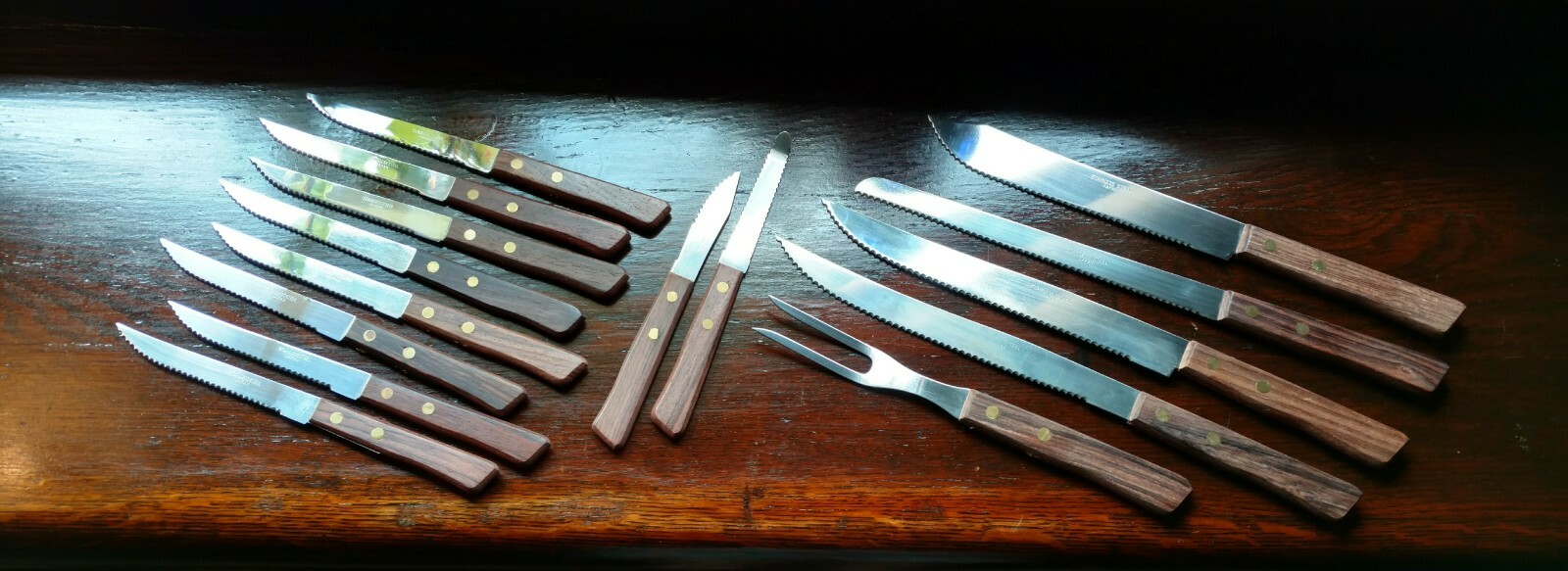 Vtg 15 Piece Knife Wood Handle Serrated Stainless Steel Cutlery Set Japan New