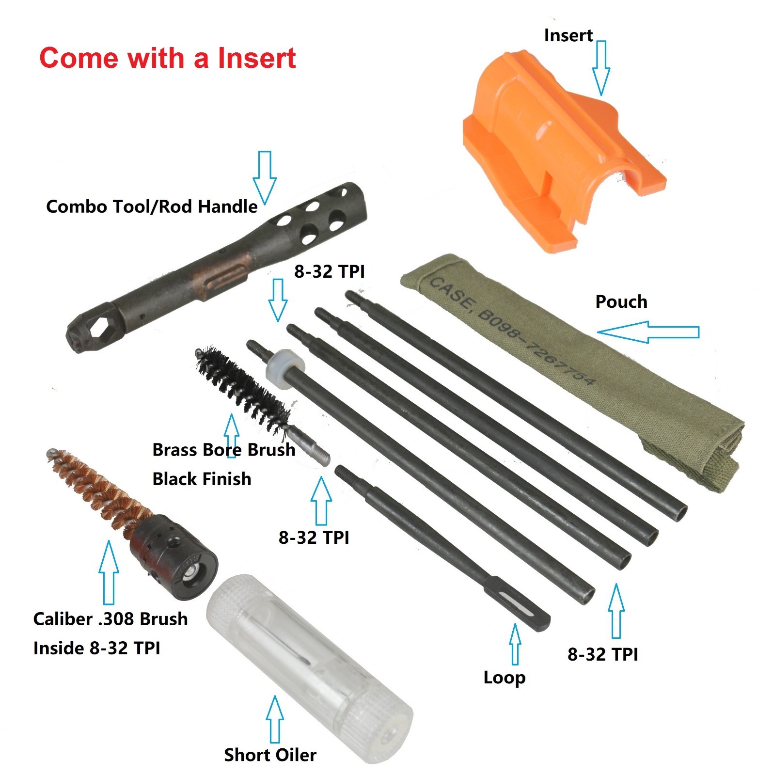M1 Buttstock Cleaning Kit Set, 8-32 5PC Rod in Green Pouch,Oiler, Tool & Insert