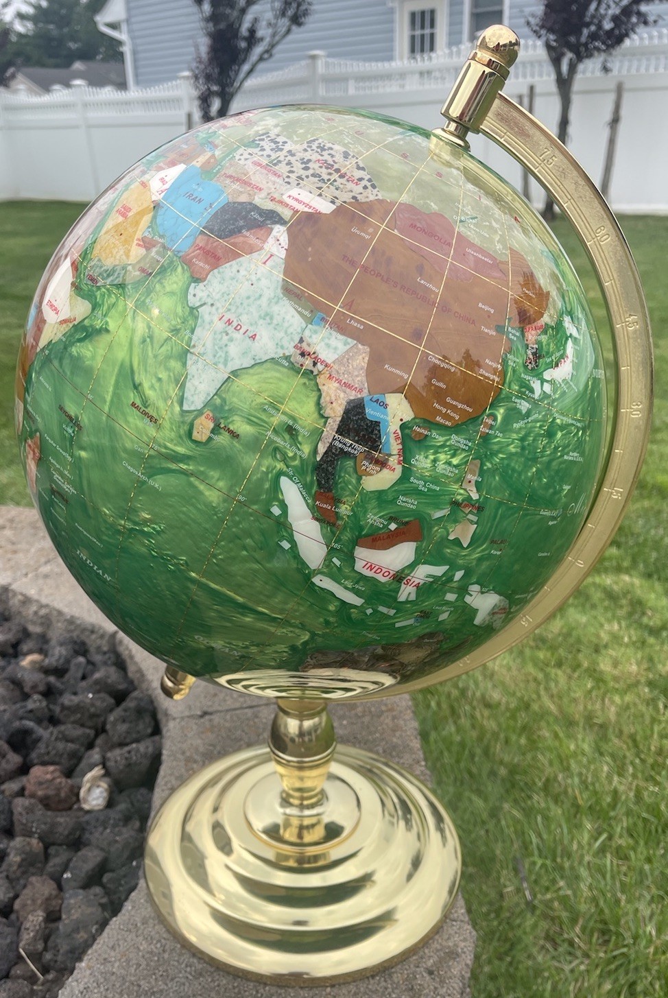 Large 21” Vintage Green Semi-Precious Gemstone World Globe Brass Stand 15 Lbs