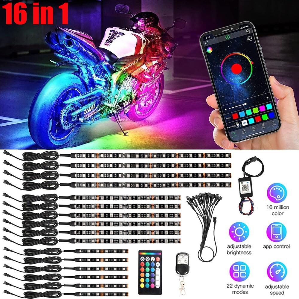 16PC RGB Bluetooth Motorcycle LED Light Under Glow Neon Strip Remote Control Kit