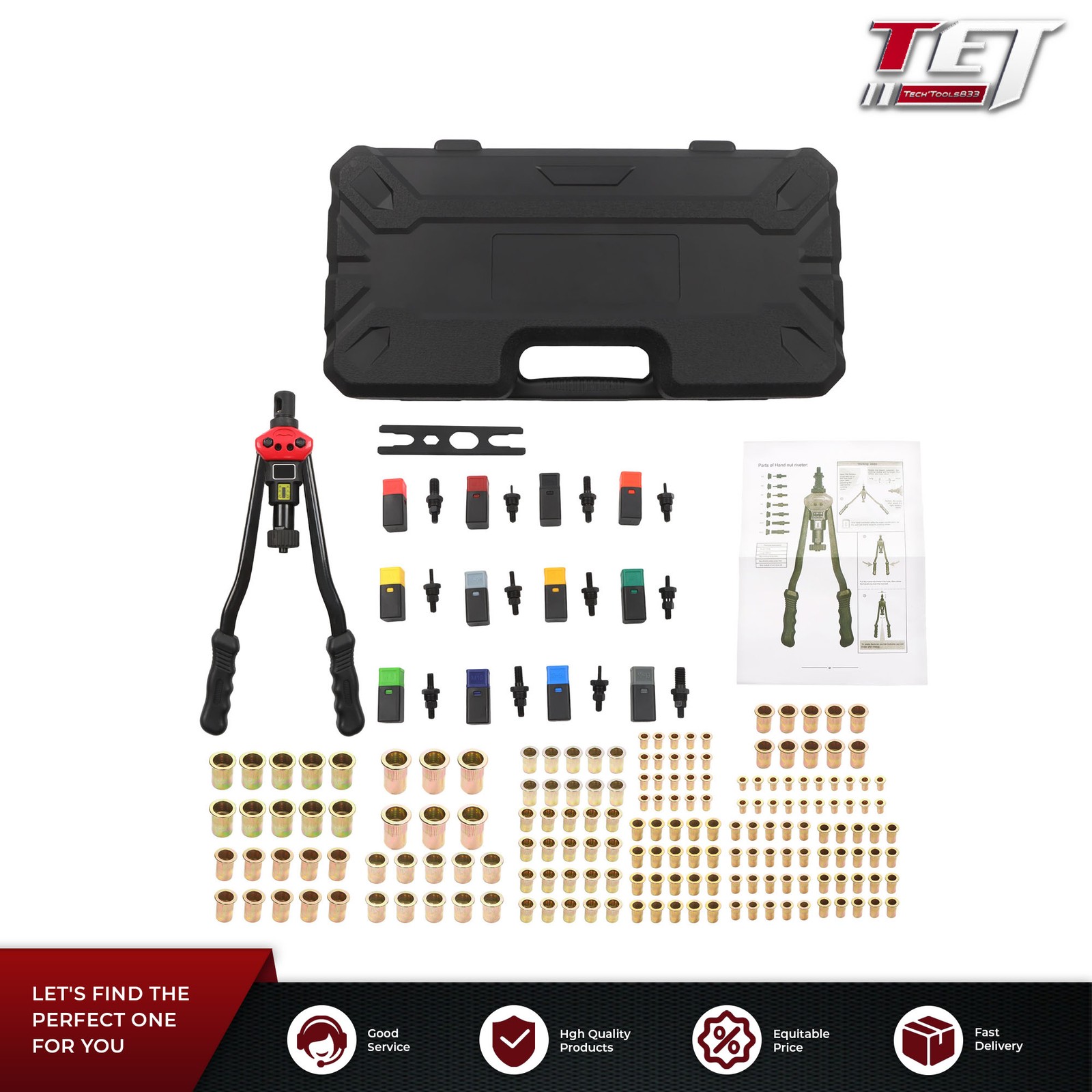 16" Rivnut Tool Kit 12 PCS Metric & SAE Mandrels 176PCS Rivet Nuts Carbon Steel