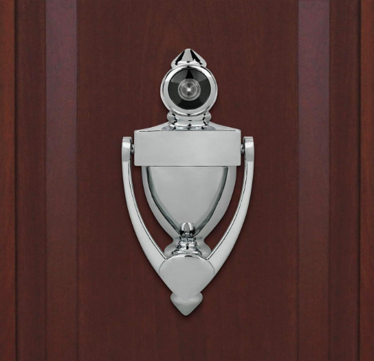 Door Knocker & Viewer 9/16" Bore, 220-Degree View Angle (5-1/2" Height, Chrome)