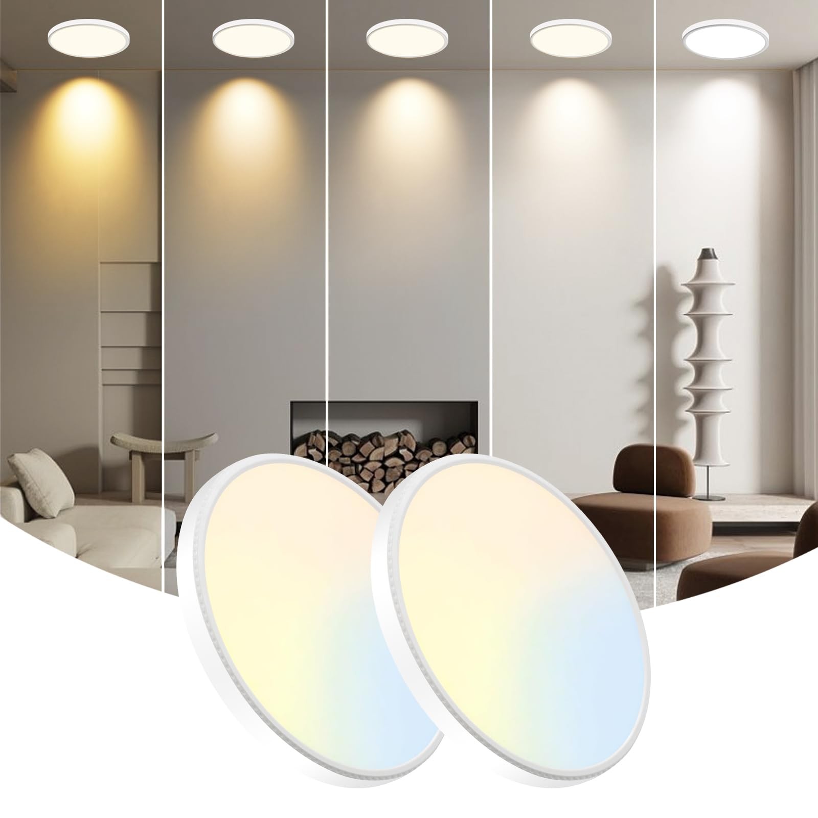 WKONCLDY 7.5Inch LED Ceiling Lights, 5 Colors Selectable 7.5in-2Pack, White