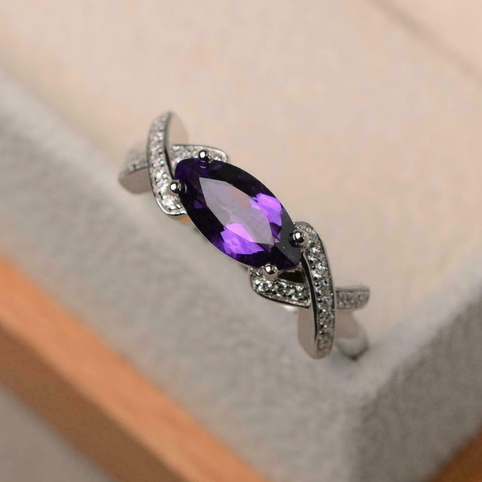 3ct Lab-Created Amethyst Solitaire with Cross Accent Ring 14k White Gold Plated