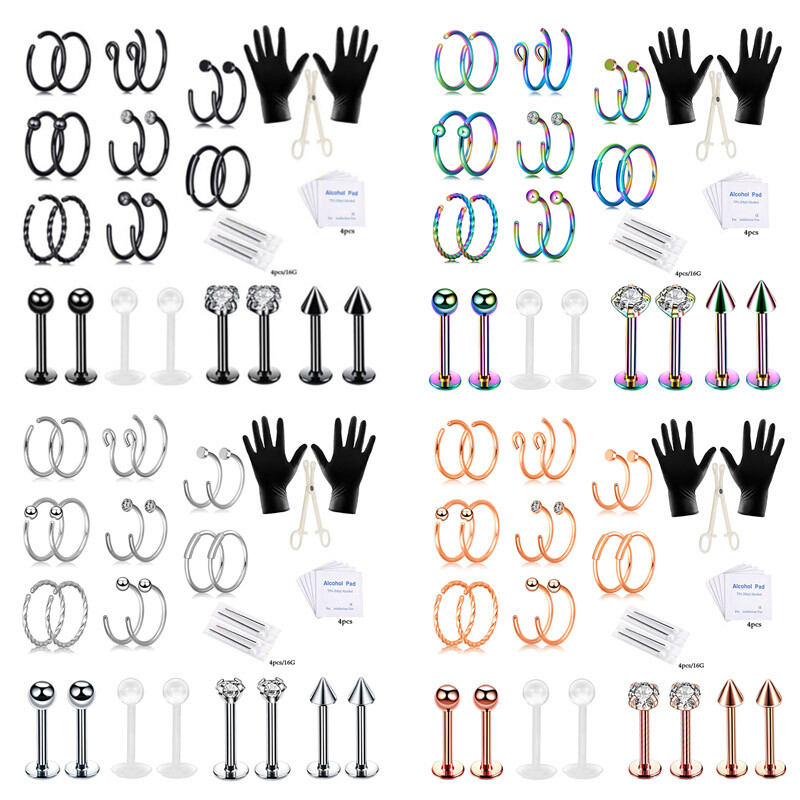 35 Pcs Pro Piercing Kit Surgical Steel Labret Lip Studs Nose Hoop Ring Cartilage