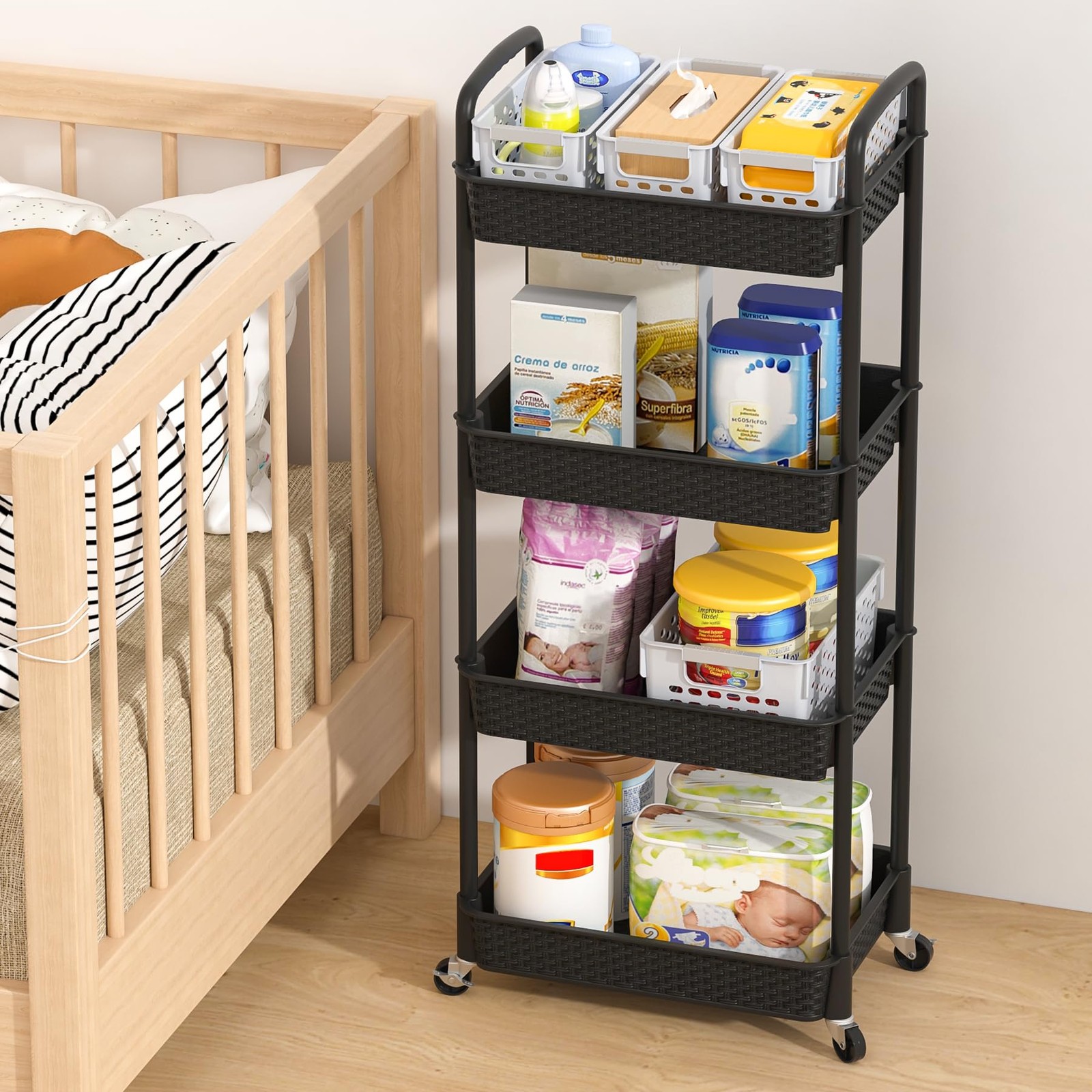 4-Tier Plastic Rolling Utility Cart with Handle, Utility Storage Cart for Off...