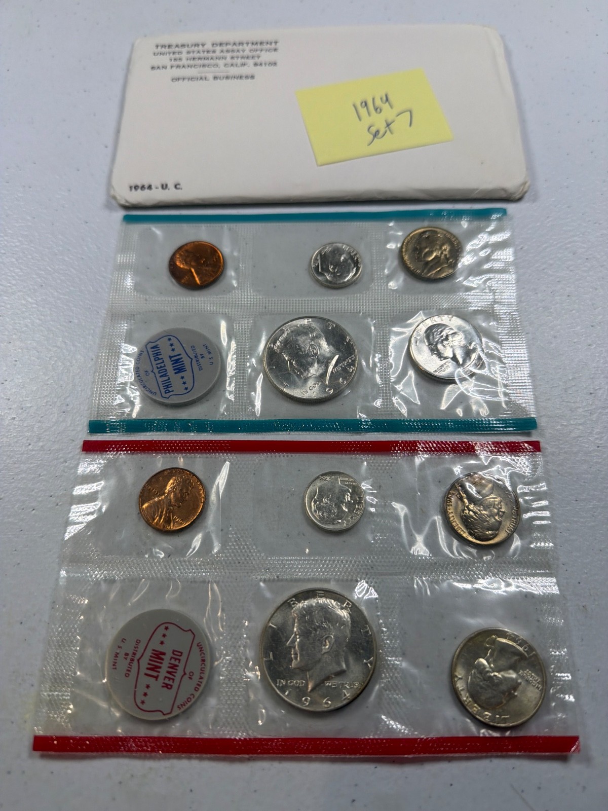 (1) 1964  US MINT SILVER P & D Set,  in all OGP,  w/ 90%  SILVER COINS,   SET 7