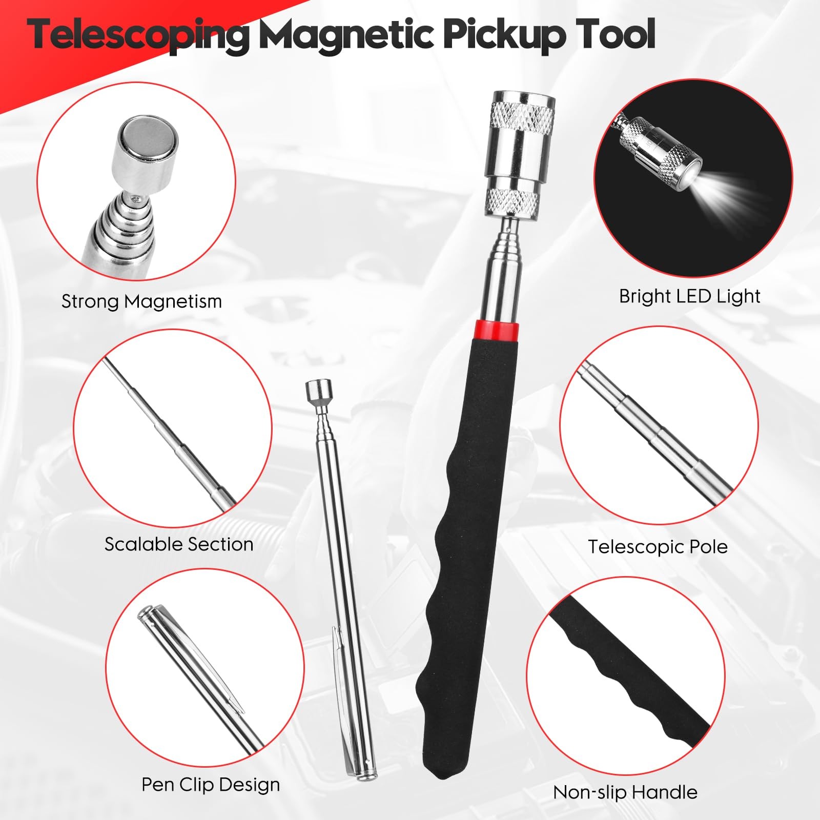 3 Pack Telescoping Magnet Pick-up Tool Set, Non-Slip Extendable Magnetic...