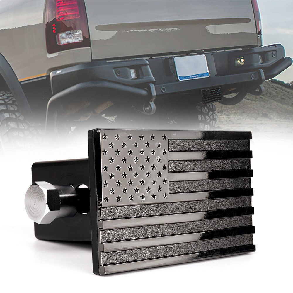 Black Aluminum Tow Trailer Hitch Cover Plug w/ American Flag 2" Inch Receiver
